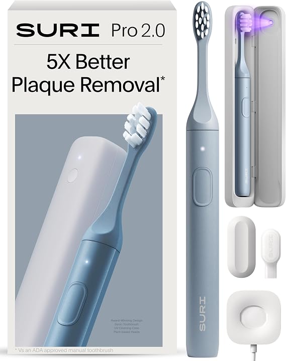 SURI Pro Sonic Electric Toothbrush | Over 4+ Weeks Battery | UV Cleaning Travel Case | Pressure Sensor | Aluminium Body | 2-Minute Timer | Plant-Based Heads | Blue
