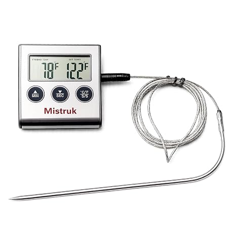 Digital Thermometer for Cooking with Stainless Steel Probe & Timer Alert Accurate Temperature Control for Grill, Oven & BBQ Digital Meat Thermometer Instant Read