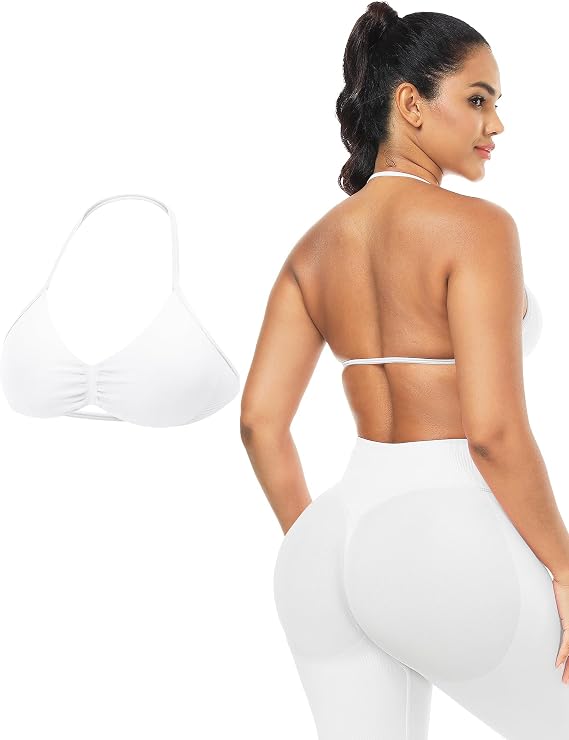 Ieumaz Strappy Sports Bras for Women Seamless Padded Twill Knit Deep V Halter Workout Gym Tops Yoga Bras for Women