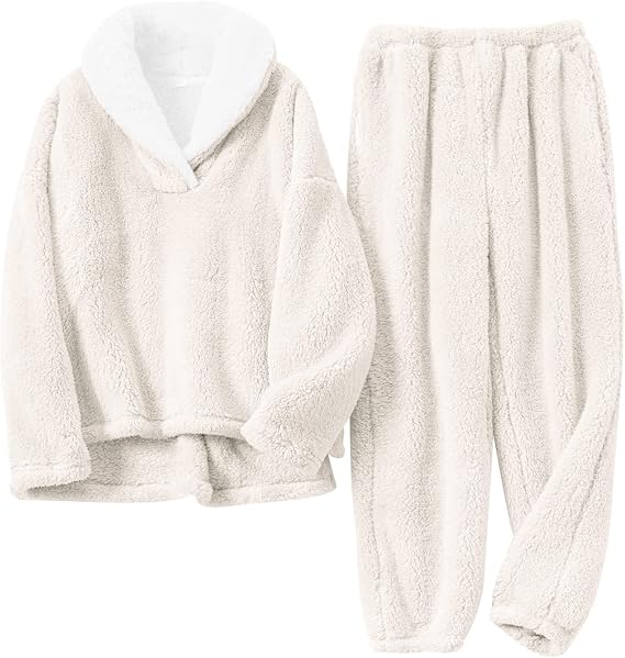 Arssm Women Fluffy Pajamas Set Fleece Pajamas Winter Warm Loose Plush Fuzzy Sets 2 Piece Cozy Sleepwear