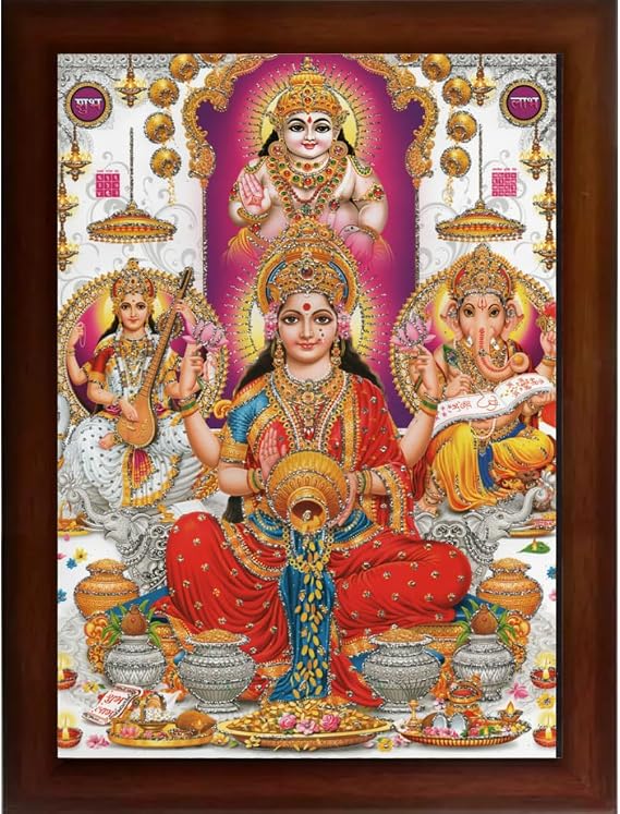 Craft Quest Kuber dev Lakshmi mata with Ganesh ji and Saraswati maa Wall Painting Frame Home Decor (Synthetic, Matte Finish, Brown, Large Size, 14 X 10 Inch)