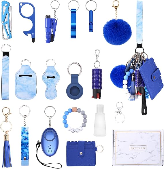 AMIR Safety Keychain Set for Women, Wristlet Strap Keychain with Personal Alarm and Pom Pom Accessories Kit for Women Girls