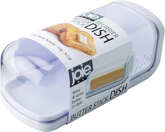 Joie Butter Dish with Clear Lid, Securely Holds One Stick, Durable BPA Free Plastic Container, Keeps Butter Fresh from Fridge to Table, Colors May Vary