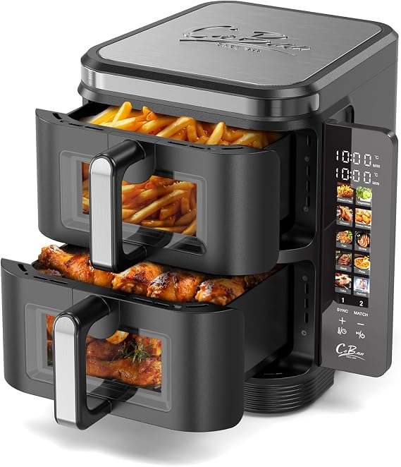 Hot Air Fryer 2 Chambers 11 L Airfryer Double Chamber with Viewing Window and Foldable Touch Screen 10-in-1 V0 Flame Retardant Material 2800 W