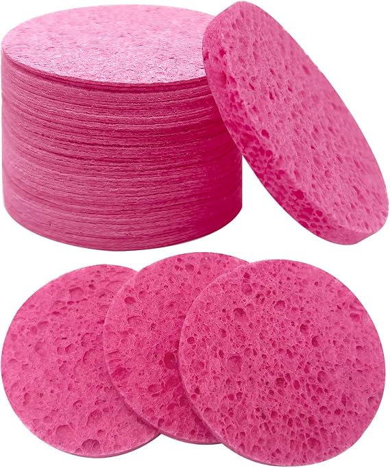 50-Count Large Compressed Facial Sponges for Estheticians,Daily Cleansing and Gentle Exfoliating- 100% Natural Cellulose Spa Sponge Perfect for Removing Dead Skin,Dirt and Makeup(Round 2.95",Pink)