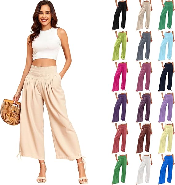 Flowy Pants for Women Summer Wide Leg Linen Pants High Elastic Waist Palazzo Trouser Pull On Work Slacks with Pocket