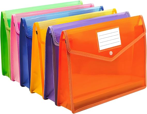 Plastic Expanding File Folder, Envelope Folders for Documents, Waterproof Transparent Expandable File Folder, Large Capacity, Fit Letter/A4 Size (Multicolor-6 Pack)