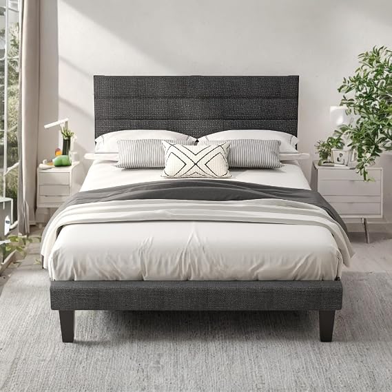 VINGLI Twin Bed Frames for Kids with Headboard, Mattress Foundation with Cozy Linen Upholstered,No Box Spring Needed,Stable Wooden Slats Support, Dark Gray