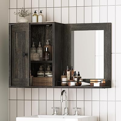 Bathroom Wall Cabinet with Mirror, Medicine Cabinet Mirror, Bathroom Wall Cabinet, Wall Mounted Home Storage, Adjustable Shelf, for Laundry Room, Bedroom, Camper, Hallway, Smoky Oak