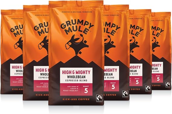 Grumpy Mule High and Mighty Espresso Blend Whole Coffee Beans with notes of Cocoa and Roast Hazelnut 200g (Pack of 6 - Total 1.2kg)