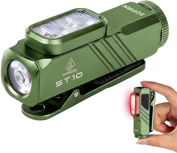 sofirn ST10 EDC Flashlight 1000 Lumens Rechargeable, Red Light, Magnetic | Green clip-on pocket light with 660nm deep red mode and magnetic tail, USB-C. For cycling, signaling, camping.