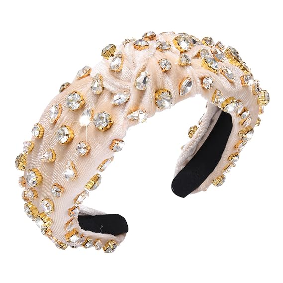 Rhinestone Knotted Headband for Women Sparkly Crystal Embellished Hairbands Twist Turban Headband Elastic Wide Velvet Hair Hoop Party Wedding Headwear for Girls (Off-white)