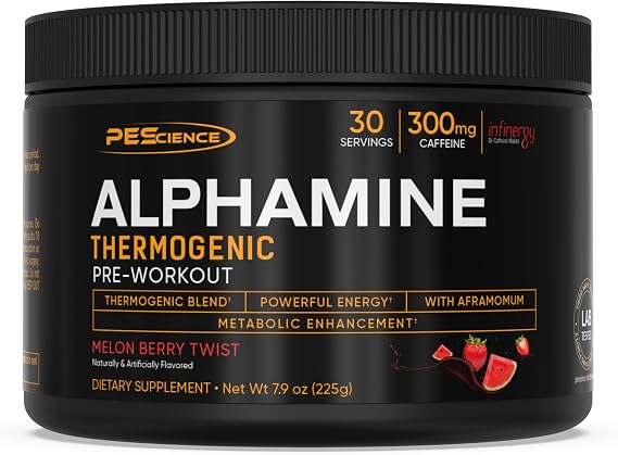 PEScience Alphamine Thermogenic Pre-Workout, Fat Burning PreWorkout Energy Powder with L-Carnitine - Melon Berry Twist, 60 Scoops