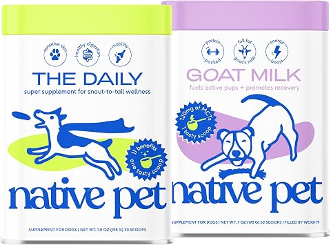 Native Pet The Daily Dog Supplement 30 Scoops and Goat Milk Powder for Dogs and Cats 60 Scoops.- 11-in-1 Multivitamin and Food Topper to Support a Healthy Digestive System
