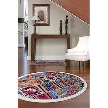 Halı Çok Renkli 9010 Saçaklı Yuvarlak Kesme Ince Yolluk Kilim Salon Halısı Modelleri, Multi 80x80