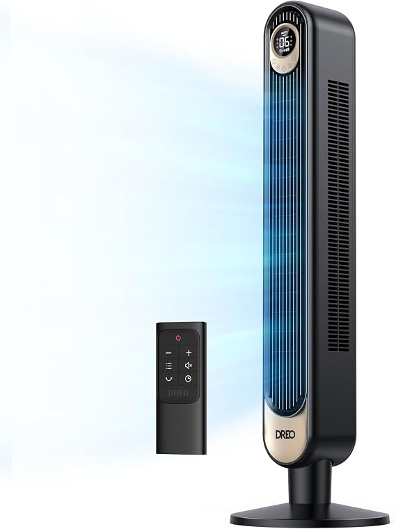DREO Tower Fan 42 Inch, Quiet Oscillating Bladeless Fan with Remote, 6 Speeds, 4 Modes, LED Display, 12H Timer, BlackGold Floor Standing Fan Powerful for Indoor Home Bedroom Office Room
