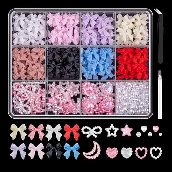 LAWALEISHE 500pcs 3D Nail Charms, Assorted Color Multi Shapes Mix Bow Nail Charms, Heart Star Moon Gems Charms Bowknot Rhinestones Nail Art Charms with Pickup Tool for Women Girls Nail DIY Accessories