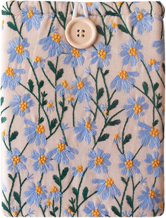 Embroidered Fabric Sleeve for Kindle Paperwhite, Kindle Basic, Kobo Clara 2E, Boox Palma, Nook Glowlight Protective Cloth Cover for Tablets & E-Readers Handcrafted - Blue & Beige Daisy
