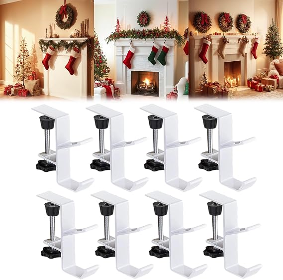 Fireplace Stocking Hanger, Heavy Duty Mantle Garland Hanger Adjustable, Dual Hooks Design, Christmas Stocking Holder for Mantle (White, Set of 8)