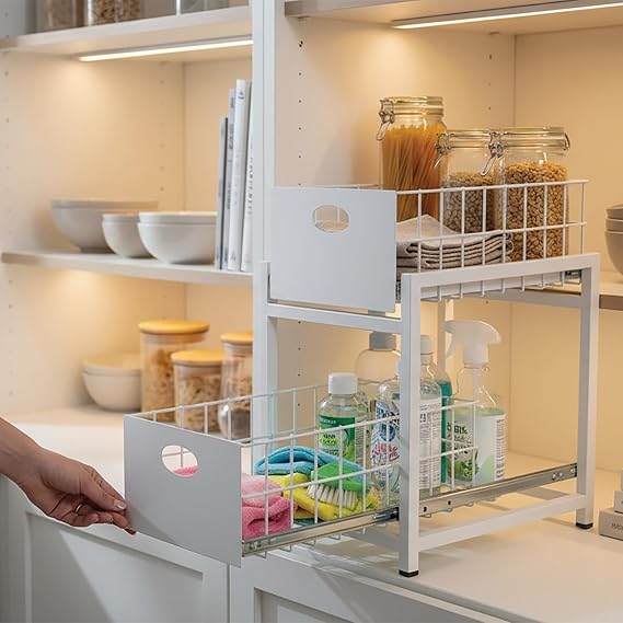 2 Çekmeceli Organizer Sepet – 25x42 cm, Raylı Sistem, Çok Amaçlı Kullanım (Beyaz)