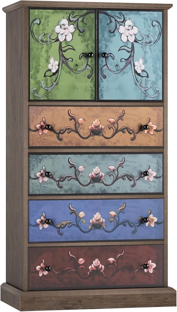 FINETONES 50" H Boho Dresser Vintage Dresser, 4 Drawer Dresser for Bedroom | 4 Drawer Dresser with 2 Doors, Farmhouse Boho Dresser Vintage Dressers, Wood Chest of Drawers for Home, 16.1D x 23.6W x 50H