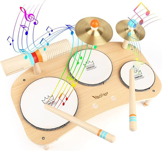 Vanplay Kids Drum Set - Preschool Learning for Toddler Boy Girl Age 3 4 5 6 | 8 in 1 Musical Set with 3 Drum, 2 Cymbals, Tone Block and 2 sticks, Fun, Durable, Safe, Great for Christmas or Birthday