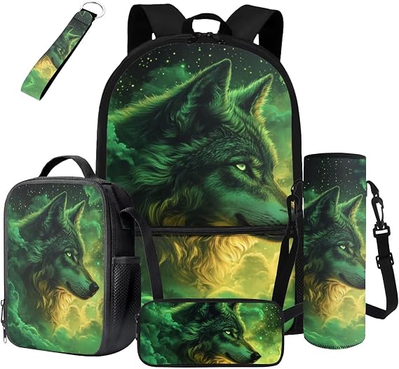 Green Wolf Backpack for Kids 8-12 School Bookbag with Lunch Box Set of 5 Pcs Boys School Bag Lightweight Kids Backpack for Elementary Middle School Teens Book Bag Daypack