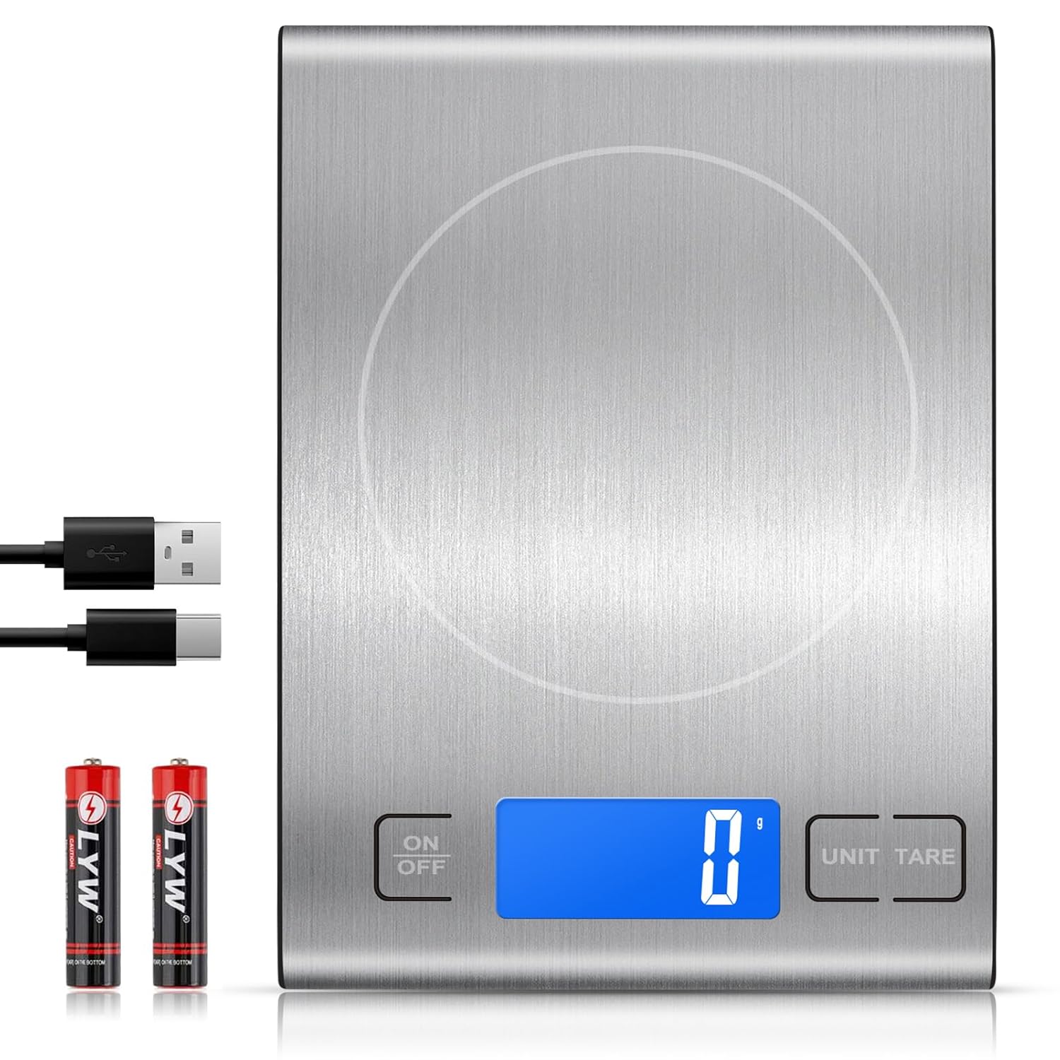 Diyife Rechargeable Digital Kitchen Scales, 1g15kg 33lbs Food Weighing Scales with Large Backlit LCD Display 5 Units Stainless Steel Electric Scales Multifunction for Baking Cooking