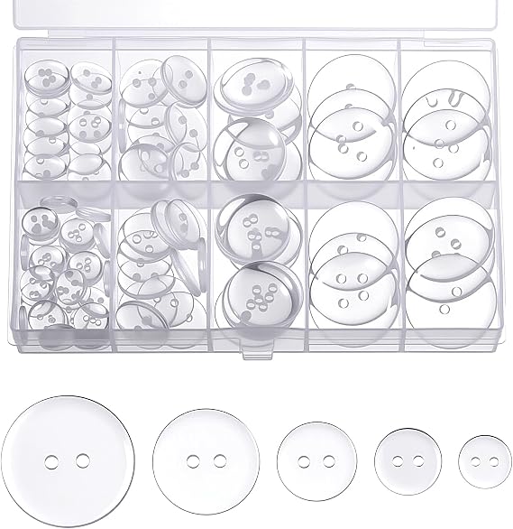 100 Pcs Clear Buttons, Buttons 2 Hole 5 Sizes of Round Mixed Button Round Plastic Button for Coats Dress Skirt DIY Crafts