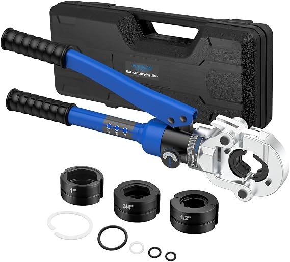 Copper pipe Pro press crimper 8 Ton Hydraulic Tube Fittings Crimping Tool with Vus Dies 1/2", 3/4", 1", 360 Rotating Head Storage Case For Plumbers, Electricians, HVAC Techs
