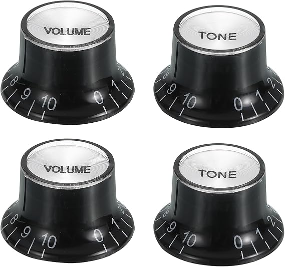 sourcing map 4pcs Metric Top Hat Bell Knobs, 2 Volume 2 Tone Control Guitar Knobs Set for Electric Guitar Bass Split Shaft Pots, Black with Silver Top