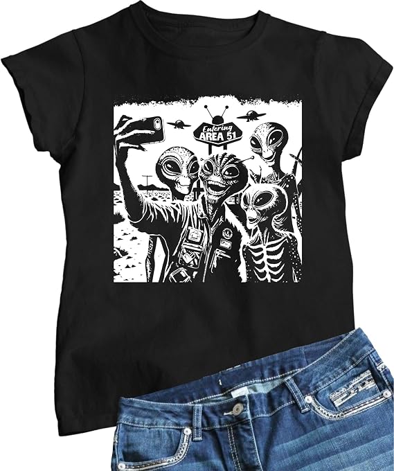 Go All Out Aliens Taking Selfie at Area 51 UFO Funny Ironic Gift Mens Toddler Women Youth T-Shirt