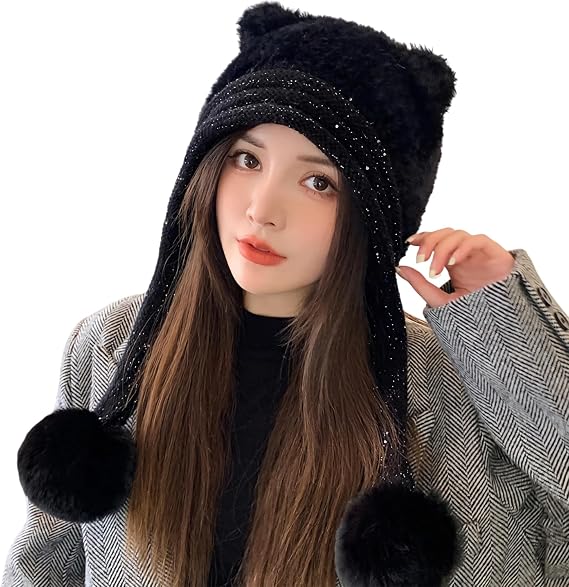 HUAMULAN Women Winter Sherpa Knit Beanie Hats with Pom Poms Ear Flaps