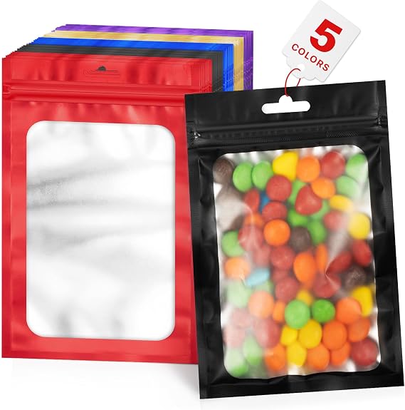 ANZNKU 100 Pcs Colorful Mylar Bags, Resealable Smell Proof Small Foil Pouch | 5Colors, 2.75x3.93", Frosted Clear Window, Plastic Packaging Bag for Small Business Candy Jewelry Treat, Seal Zip Baggies