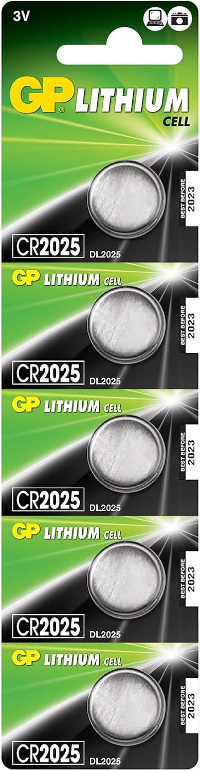 GP Batteries CR2025 2025 Size Lithium Button Battery, 3 Volt, 5-Piece Card, Gray