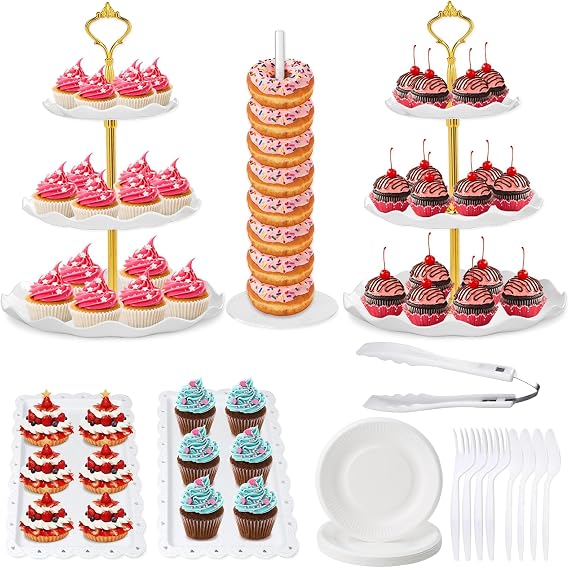 46Pcs Dessert Table Display Set 2X 3 Tier Cupcake Cake Tower Stand 2X Plastic Cookie Candy Food Serving Platters and Trays Donut Holder Stand Treat Display for Wedding Baby Shower Afternoon Tea Party