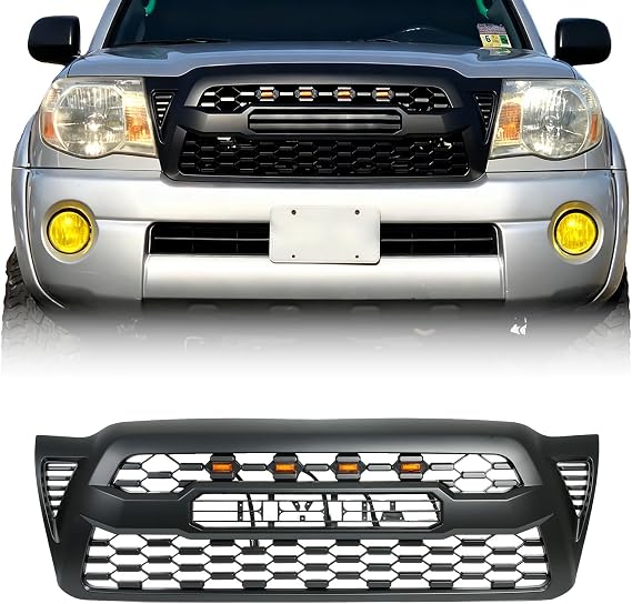 Front Grill Compatible With Toyota Tacoma 2005-2011 Matte Black Front Bumper Grille With Accessories/Letters/Amber Light Up