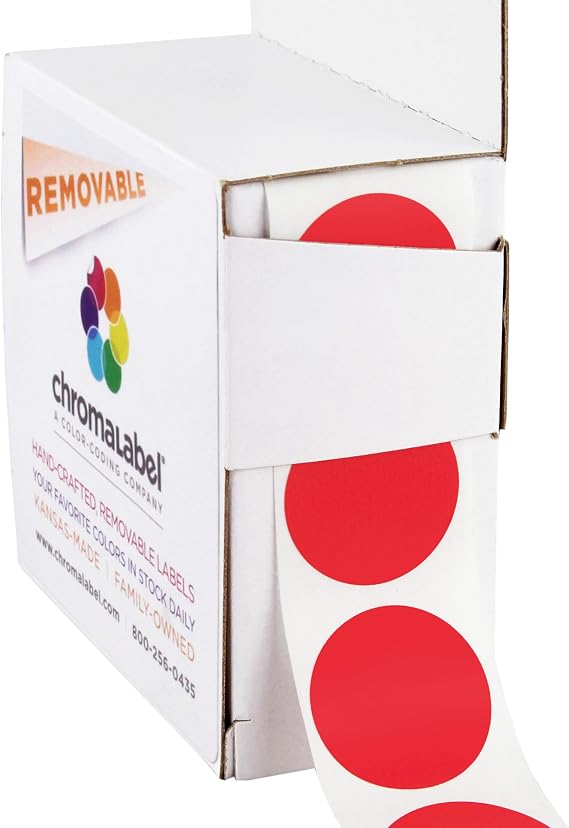 ChromaLabel Circle Stickers, 1 Inch Red Removable, 1000/Box | Writable Semi-Gloss Red Dot Stickers with Clean-Remove Adhesive for Pricing, Inventory and Classrooms. Made in USA