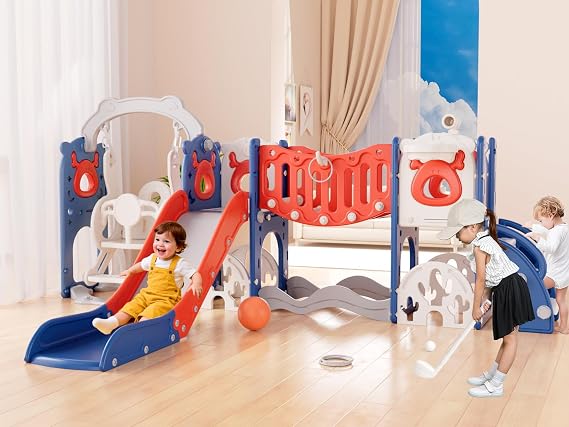 XJD 12-in-1 Toddler Slide and Swing Set, Kids Slide for Toddlers Age 1+, Toddler Outdoor Playset New Upgrade with Golf Set, Basketball Hoop, Drawing Board for Playground (Blue Red)