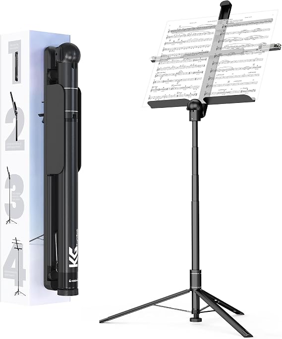 KraftGeek 66" Capsule Music Stand for Sheet Music, Portable and Folding Music Stand for Musicians and Instrument Players, Adjustable Music Tray with Page Holder Clips, No Assembly Required, Black