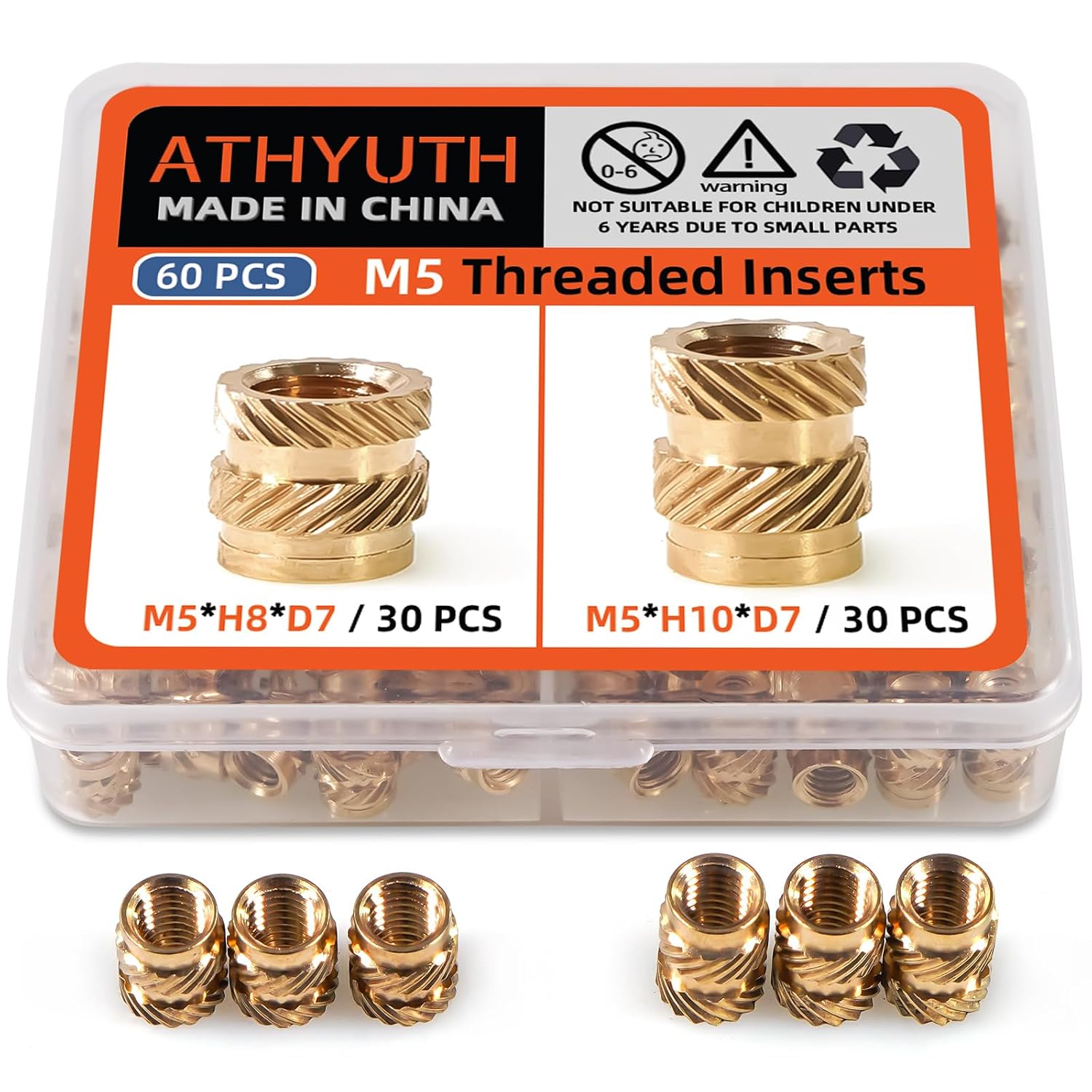 M5 Threaded Inserts Assortment Kit, Female Thread Metric Knurled Nuts, 60 pcs Heat Embedment Brass Nuts for Plastic and 3D Printing Components (30 pcs Each of 8 mm and 10 mm Height)