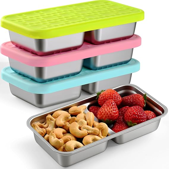 Stainless Steel Snack Box, 3 Pack Snack Pots with 2 Compartments and Leakproof Lids, 20.5x11x4.2 cm Snack Container for Lunch School Work, Dishwasher and Freezer Safe
