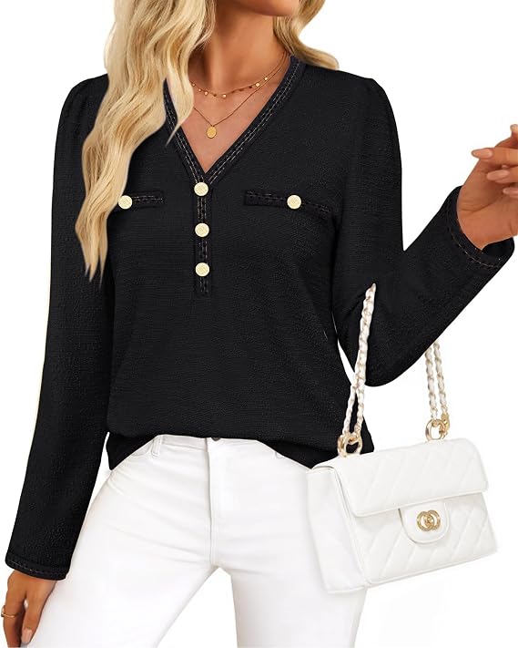 Long Sleeve Shirts for Women Dressy Casual Office Tweed Blouses
