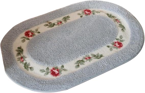 Pretty Floral Rural Style Rug, Soft Non-Slip Embroidered Oval Doormat Floor Mat Bath Mat, Bathroom Shower Rug Bedroom Living Room Carpet (15.7x23.6inches, Blue)