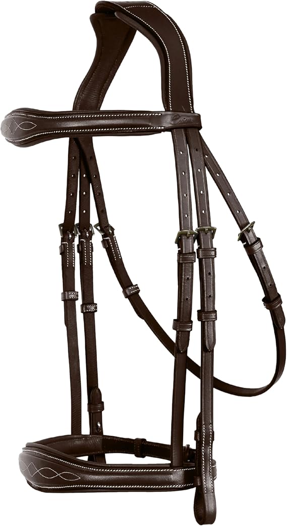 Exion Hunter Anatomic English Bridle Padded Fancy Stitched Leather Bridle with Rubber Reins Ergonomic Poll Relief Crownpiece for Show Jumping & Eventing Stainless Steel Havana Brown