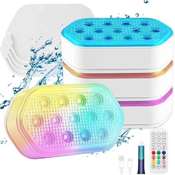 BOXPSII Pool Lights 4 Pack, for Inground Pool, Above Ground Pools | Submersible LED Lights, Rechargeable, 2600mAH, IP68 Waterproof, with Remote, Magnets,16 Colors Mode