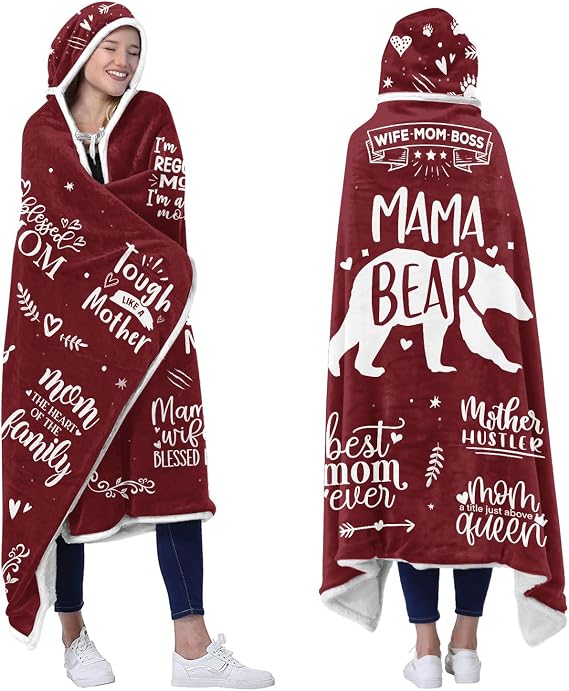 Vprintes Mama Bear Wearable Hooded Blanket for Mom - Gifts for Mom from Daughters - Christmas Birthday Gifts for Wife from Husband