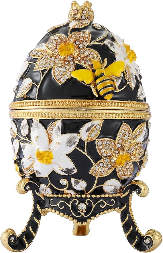 QIFU Hand Painted Big Black Easter Egg Style Enameled Trinekt Box, Unique Gift for Easter
