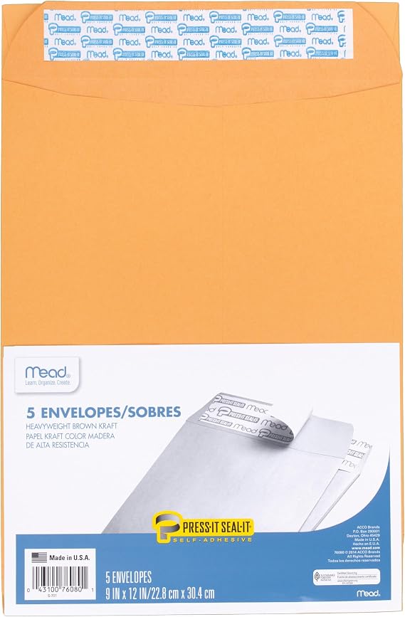 Mead Press It-Seal-It Envelopes (MEA76080), Kraft, 9 x 12 Inches