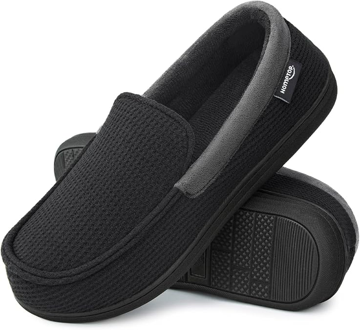 HomeTop Men's Knit Moccasin Slippers Memory Foam House Shoes Indoor Outdoor